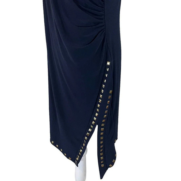 Soho Apparel Dress Petite Large Navy Gold Square Stud Accents Slit Stretch Knit - Picture 5 of 9